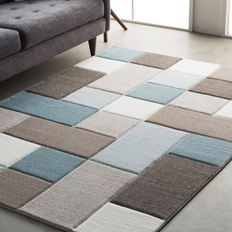 Mott Street Modern Geometric Carved Teal Brown Area Rug